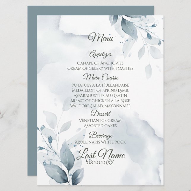 Wedding Menu | Dusty Teal Botanical Menu (Front/Back)
