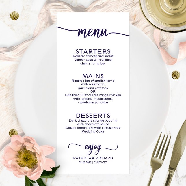 Wedding Menu Elegant Calligraphy Chic Navy Blue (Creator Uploaded)