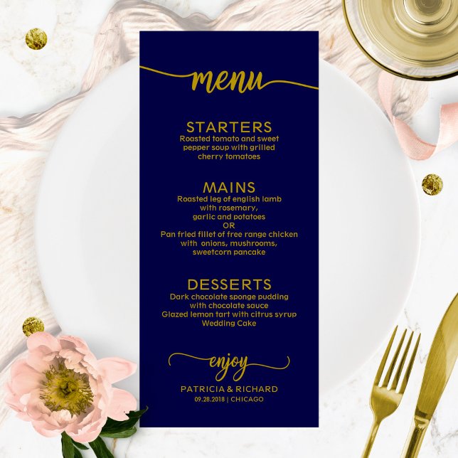 Wedding Menu Elegant Calligraphy Gold Navy Blue (Creator Uploaded)