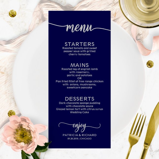 Wedding Menu Elegant Calligraphy  Navy Blue Silver (Creator Uploaded)