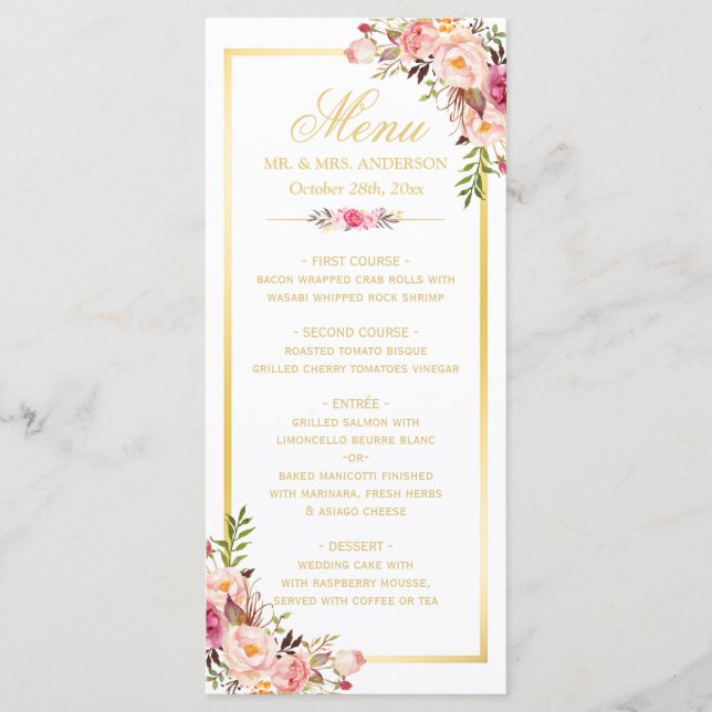 Wedding Menu Elegant Chic Gold Frame Floral (Front)