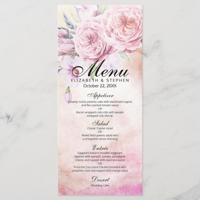 Wedding Menu Elegant Watercolor Floral Feathers (Front)