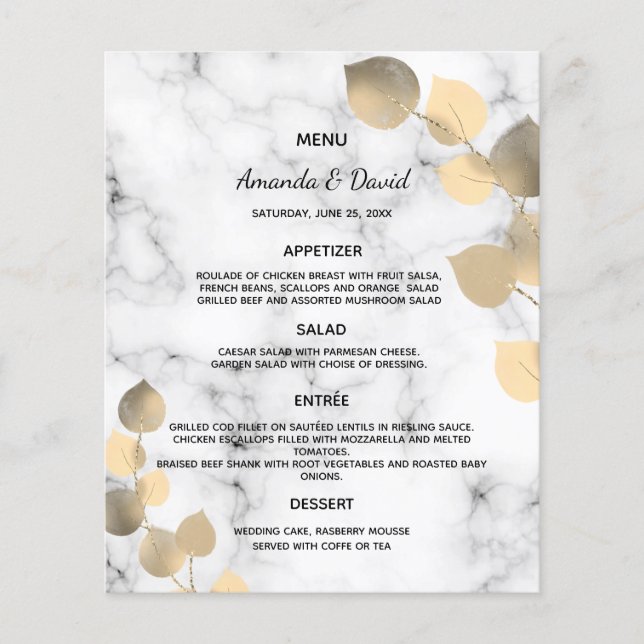 Wedding Menu eucalyptus golden marble botanical (Front)