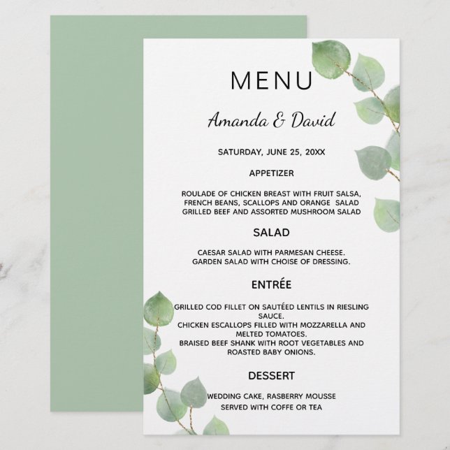 Wedding Menu eucalyptus greenery botanical (Front/Back)