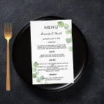 Wedding Menu eucalyptus greenery botanical budget<br><div class="desc">Please note that this menu is on flyer paper and very thin. For thicker menus (same design) please visit our store. 

Personalise and add your names,  date and the wedding menu. White background,  decorated with eucalyptus greenery,  sprigs. 
Back: green background.</div>