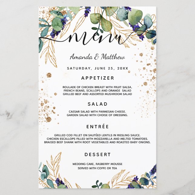 Wedding Menu eucalyptus greenery gold glitter (Front)