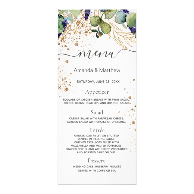 Wedding Menu eucalyptus greenery gold glitter (Front)
