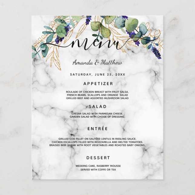 Wedding Menu eucalyptus greenery marble gold  (Front)