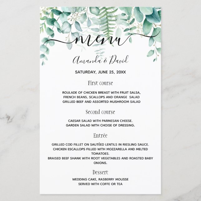 Wedding Menu eucalyptus greenery woodland ferns (Front)