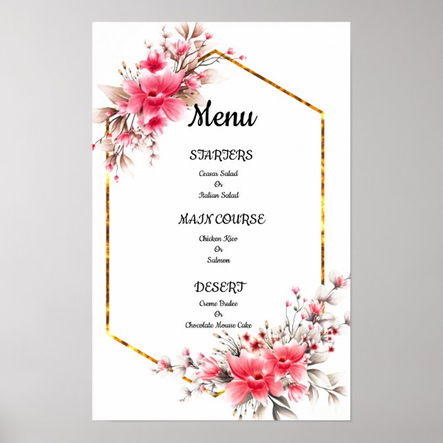 wedding menu, floral wedding menu poster (Front)