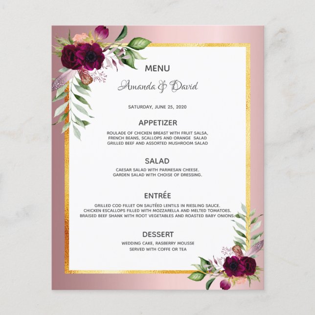 Wedding Menu florals burgundy dusty rose elegant (Front)