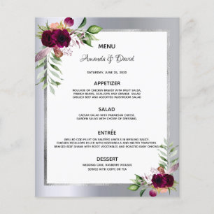 Wedding Menu florals burgundy silver elegant