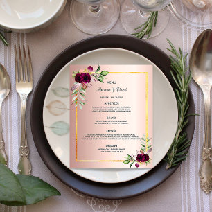 Wedding Menu florals rose gold burgundy budget