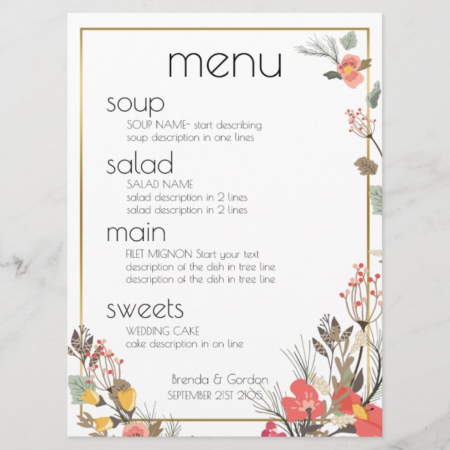 Wedding Menu-Flowers & Gold frame Menu (Front)