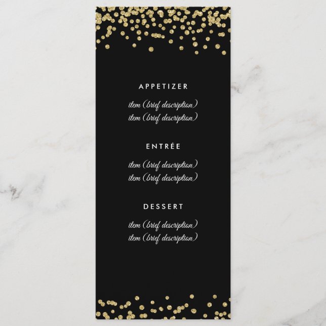 Wedding Menu Gold Faux Glitter Confetti Black (Front)