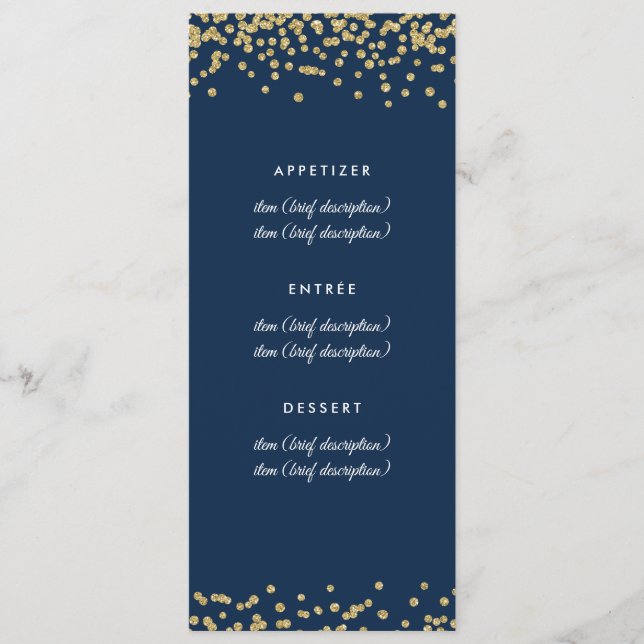 Wedding Menu Gold Faux Glitter Confetti Navy Blue (Front)