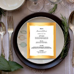 Wedding Menu gold metallic white glam elegant<br><div class="desc">An elegant and glamourous wedding menu card. Templates for your names,  date and the wedding menu. A faux gold and white frame and a chic,  glamourous faux gold metallic looking background colour.  Black coloured letters.
Back: faux gold metallic looking background.</div>