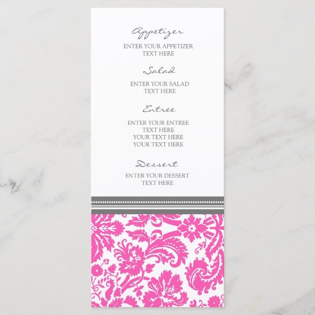 Wedding Menu Grey Pink Damask Pattern (Front)