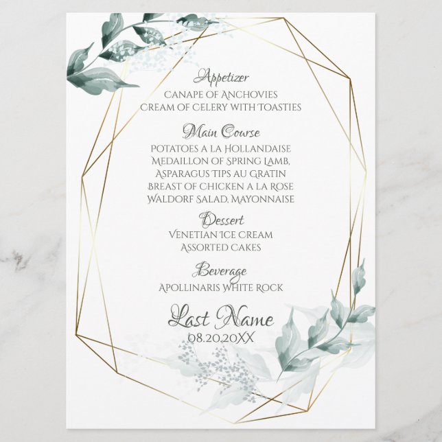 Wedding Menu | Greyed Jade Green Botanical Menu (Front)
