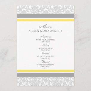Wedding Menu Lemon Grey Floral Damask