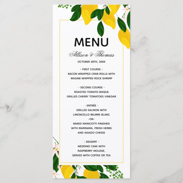 Wedding Menu Lemon yellow wedding invitation (Front)