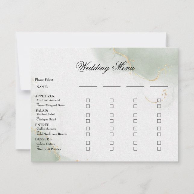 Wedding Menu Meal Card Gold Muted Sage Green  (Front)