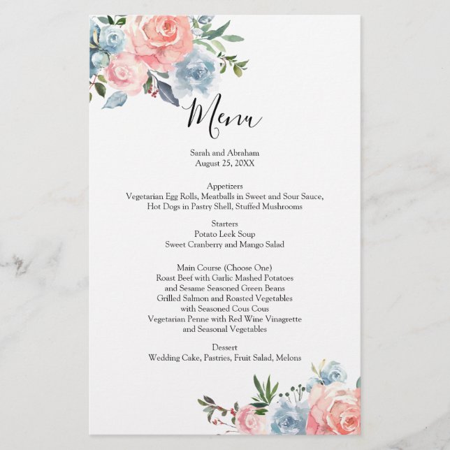 Wedding Menu Menus Menues Watercolor Roses (Front)