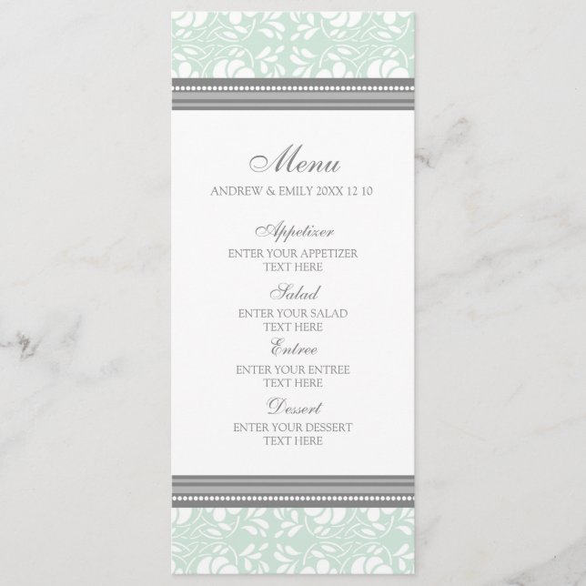 Wedding Menu Mint Grey Floral Damask (Front)