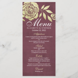 Wedding Menu Modern Chic Golden Roses Burgundy Red