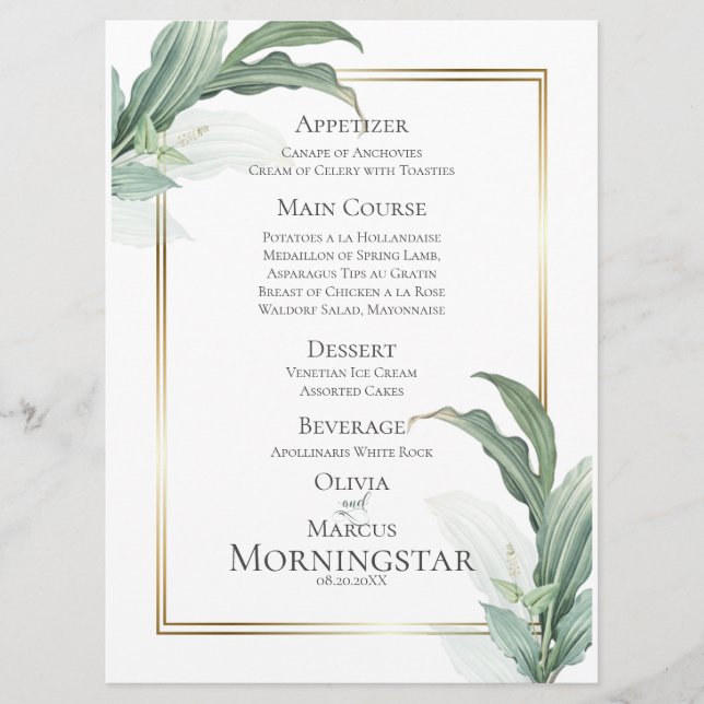 Wedding Menu | Modern Elegant Tropical Leaves (Front)