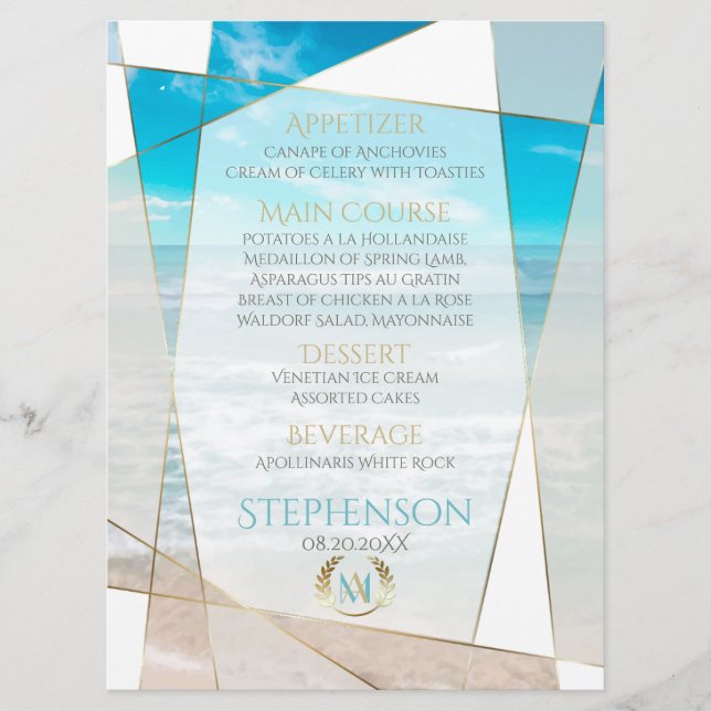 Wedding Menu |  Modern Monogram Geometric Beach (Front)