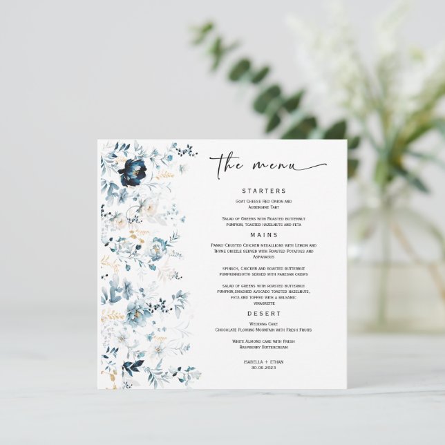  Wedding Menu Navy Blue and Gold Template (Standing Front)