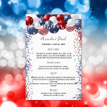 Wedding Menu patriotic red white blue budget<br><div class="desc">Please note that this menu is on flyer paper and very thin.  For thicker menus (same design) please visit our store. 

Decorated with patriotic coloured  balloons in red blue and white,  blue and red sparkles.  White background.  Personalise and add your names and wedding dinner menu.</div>