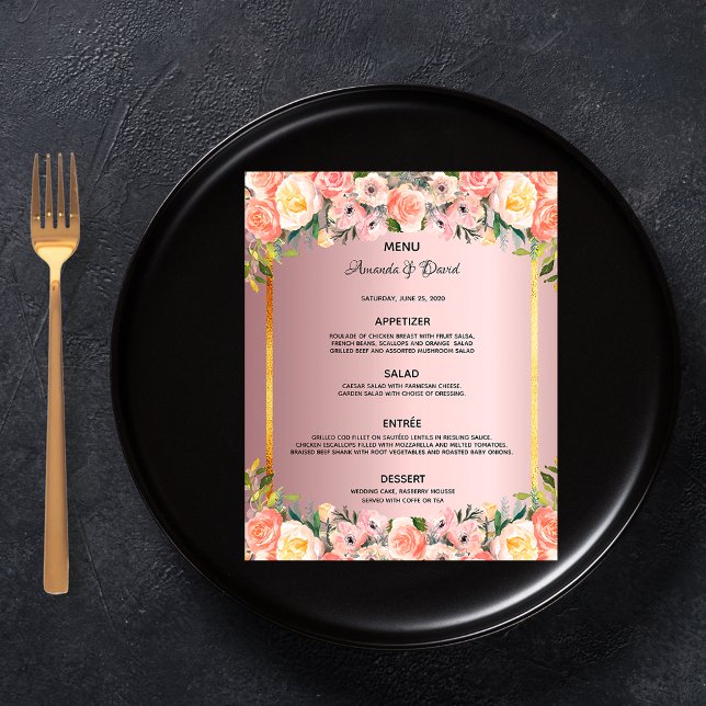 Wedding Menu pink florals dusty rose gold budget (Creator Uploaded)