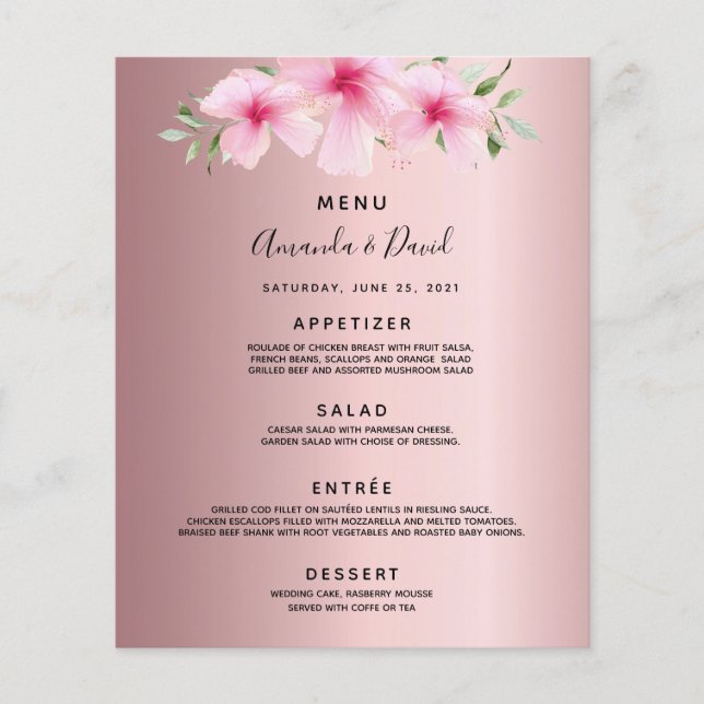 Wedding Menu pink flowers dusty rose (Front)