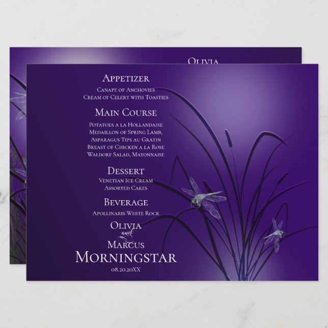 Wedding Menu Program | Amethyst Purple Dragonfly (Front/Back)