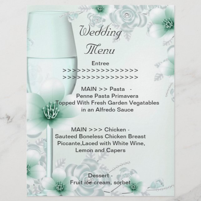 Wedding Menu Program Mint Green Blossom Rose (Front)