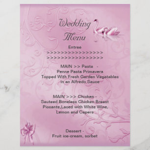 Wedding Menu Program Pink Swans Bow Set