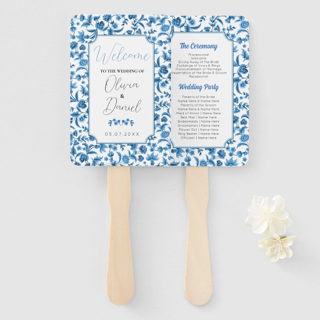 Wedding Menu Programme  Chintz Blue & White Floral Hand Fan (Front and Back)