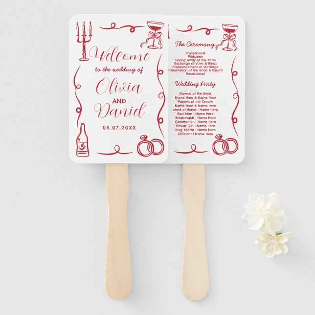 Wedding Menu Programme Hand Drawn Whimsical  Hand Fan (Front and Back)