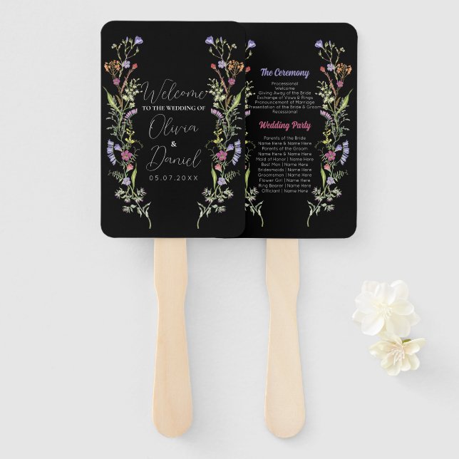 Wedding Menu Programme Wildflowers Floral Dark Hand Fan (Front and Back)