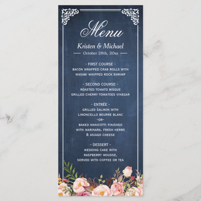 Wedding Menu Rustic Floral Vintage Blue Chalkboard (Front)