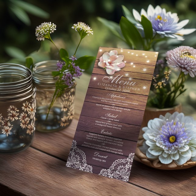 Wedding Menu Rustic Wood Floral String Lights Lace (Creator Uploaded)