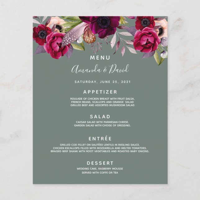Wedding Menu sage green flowers burgundy (Front)