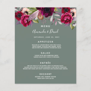 Wedding Menu sage green flowers burgundy
