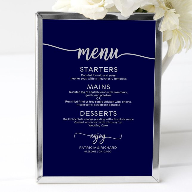 Wedding Menu Sign Calligraphy Navy Blue Silver (Creator Uploaded)