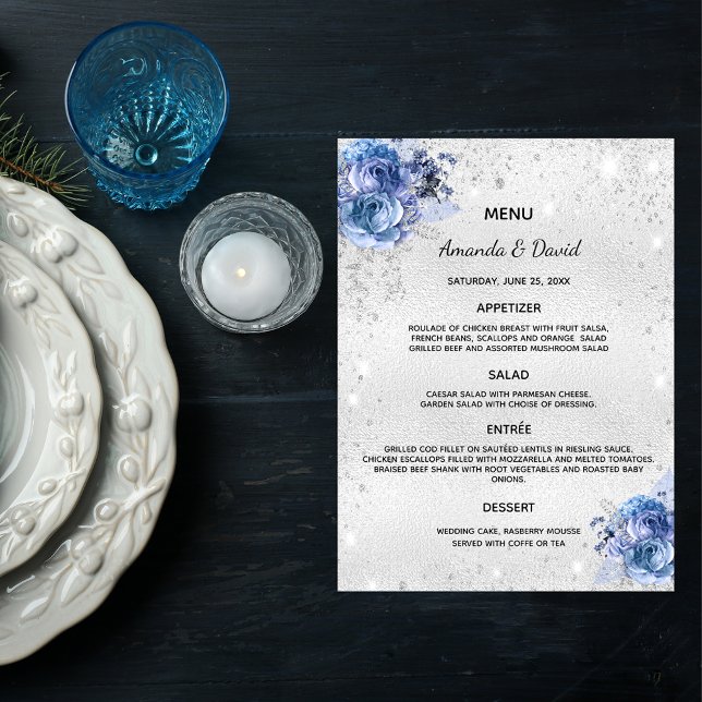 Wedding Menu silver blue florals elegant (Creator Uploaded)