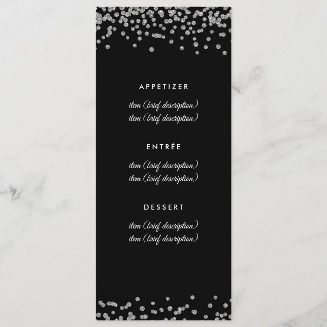 Wedding Menu Silver Faux Glitter Confetti Black (Front)