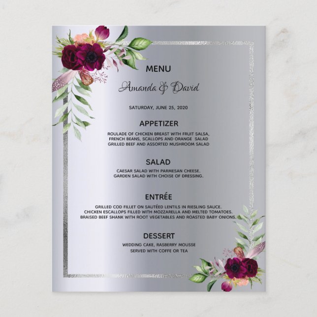 Wedding Menu silver floral burgundy elegant (Front)