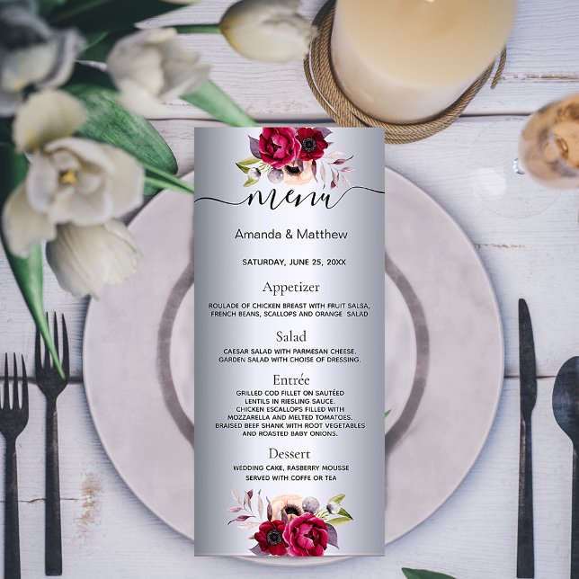 Wedding menu silver florals elegant modern (Creator Uploaded)